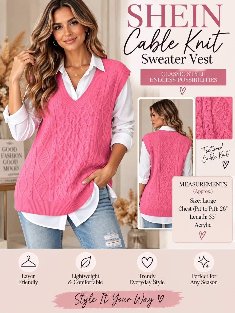 A191. SHEIN Cable Knit Sweater Vest Pink Large Like New - Picture 2 of 7